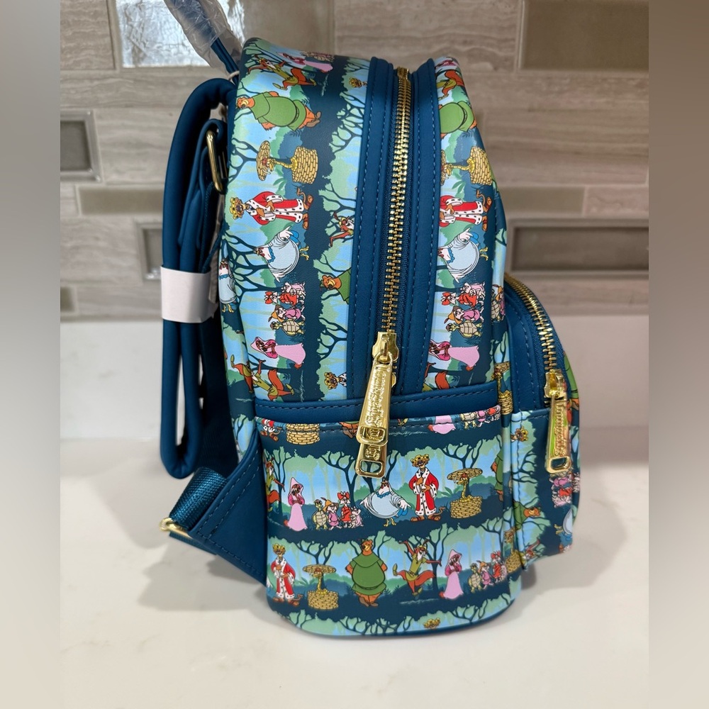 LOUNGEFLY Disney ROBIN HOOD Sherwood All Over Print Mini Backpack 🆕🆕🆕🆕 - Picture 8 of 9